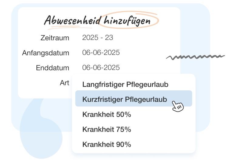 Integration in die Lohnbuchhaltung Nostradamus unterstützt alle offiziellen und auch individuelle Abwesenheitsarten. Bei der Erfassung kann der entsprechende Typ ausgewählt werden, und dank der Integration mit Lohnabrechnungssystemen werden diese Informationen automatisch weitergeleitet, was die administrative Bearbeitung vereinfacht.