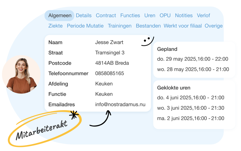 Verwaltung von Personalakten Nostradamus ermöglicht Ihnen die effiziente Verwaltung von Mitarbeiterakten und -datensätzen. Unsere Cloud-basierte Lösung sorgt dafür, dass alle Daten immer auf dem neuesten Stand sind und verhindert durch die Integration mit der Lohnbuchhaltungssoftware doppelte Einträge. Berechtigte Mitarbeiter können jederzeit auf persönliche Daten, Verträge, Gehälter, Notizen, Schulungsunterlagen und Dateien zugreifen. Automatische Benachrichtigungen halten Administratoren über wichtige HR-Angelegenheiten auf dem Laufenden, z. B. über auslaufende Verträge.