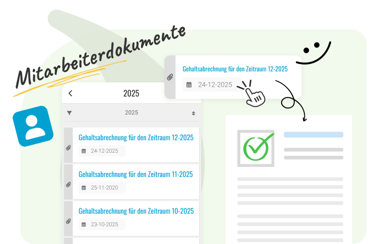 Unsere Dokumentenmanagement-Funktionalität macht es einfach, Mitarbeiterdokumente zu speichern und gemeinsam zu nutzen. Verwalten Sie unterzeichnete Vereinbarungen und teilen Sie automatisch Dateien wie Gehaltsabrechnungen. Die Mitarbeiter können über die Mitarbeiter-App oder die Website auf diese Dokumente zugreifen und so für Transparenz und Zugänglichkeit sorgen.