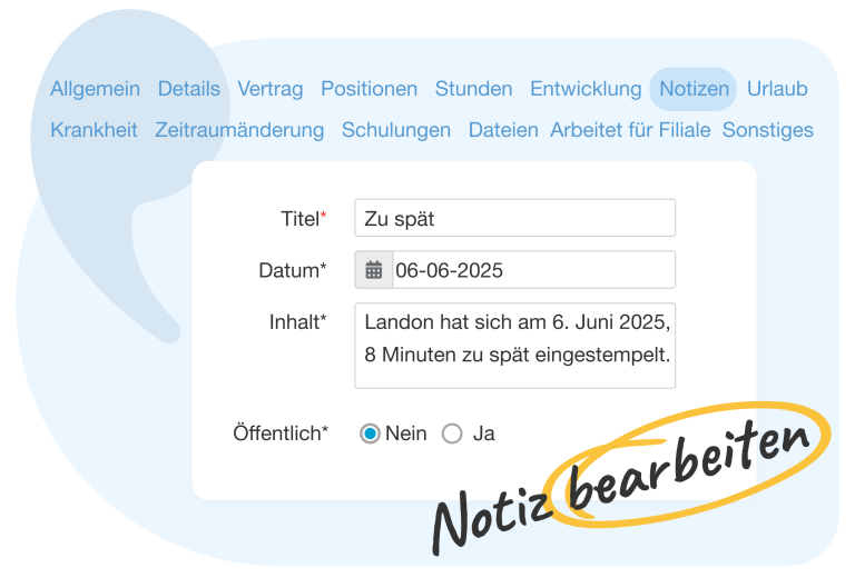 Die Notizfunktion in Nostradamus ermöglicht es Ihnen, detaillierte Aufzeichnungen über die Fortschritte Ihrer Mitarbeiter zu führen, z. B. bei Leistungsbeurteilungen. Sie können entscheiden, ob Sie jede Notiz mit dem Mitarbeiter teilen möchten. Außerdem kann Nostradamus automatisch Notizen protokollieren, wenn ein Mitarbeiter seine Schicht verspätet beginnt, was zu einer genauen und effizienten Personalverwaltung beiträgt.