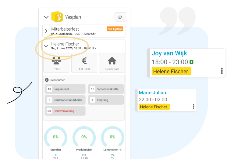 Veranstaltungen Mit unserem Veranstaltungsmodul können Sie Ihren Personaleinsatz für Veranstaltungen optimieren und sicherstellen, dass die richtigen Mitarbeiter an den richtigen Stellen eingesetzt werden. Planen Sie Mitarbeiter für Veranstaltungen ein und analysieren Sie sofort den Einfluss Ihrer Personalkosten auf die prognostizierten Einnahmen. Intelligente Tools für die Registrierung, Kommunikation und das Berichtswesen sorgen für informierte und engagierte Mitarbeiter.